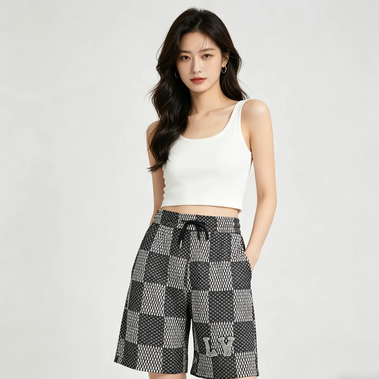 Louis Vuitton/Louis Vuitton rhinestone letter logo checkerboard shorts